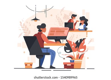 Managers in modern office vector illustration. Smiling colleagues sitting at table. Man working with computer at workplace flat style design. Work environment concept