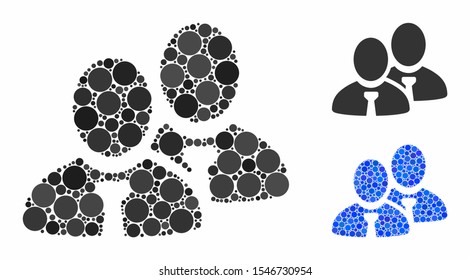 Managers mosaic of filled circles in various sizes and color tones, based on managers icon. Vector filled circles are combined into blue mosaic. Dotted managers icon in usual and blue versions.