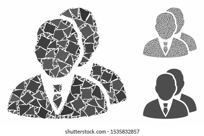 Managers mosaic of rough pieces in variable sizes and color tones, based on managers icon. Vector tuberous pieces are organized into collage. Managers icons collage with dotted pattern.