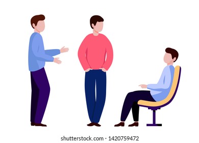 Managers are negotiating. Office workers discuss the project. Vector illustration, white background.