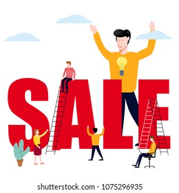Managers And Office Workers On Business, Developing Marketing And Business Management Skills And Knowledge Set On Big Sale Word, Modern Characters, Vector, Isolated