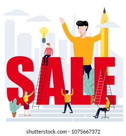 Managers And Office Workers On Business, Developing Marketing And Business Management Skills And Knowledge Set On Big Sale Word, Modern Characters, Vector, Isolated