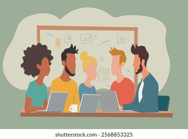Managers, office workers, partners at table. Discuss project, use laptops. White boards with bar and gelas, diagrams. Business negotiations. Flat image