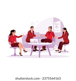 Los gerentes y otros trabajadores se sientan juntos en una sala de reuniones, revisando cartas y documentos. Conceptos contables. Ilustración plana vectorial moderna de tendencia