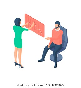 Managers prepare statistical report, isometric illustration. Female character analyzing infographic curve red board. Man on armchair evaluates result. Research business strategy and investment vector.