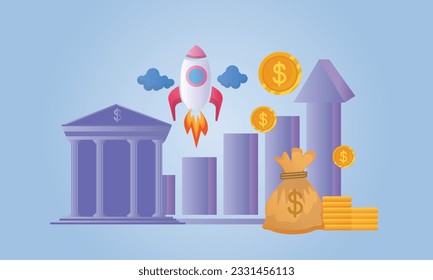 Managers presenting and analyzing sales growth chart. Group of workers with heap of cash, rocket, bar diagrams with arrow and heap of money.on blue background.Vector Design Illustration.