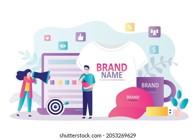 Managers presenting company products. E-commerce and advertising campaign. People advertise custom design clothing. Business to create merchandising. Products with your logo. Flat vector illustration