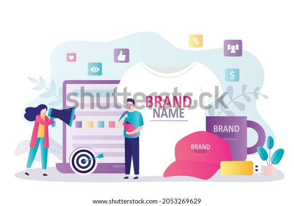Managers presenting company products.\
E-commerce and advertising campaign. People advertise custom design\
clothing. Business to create merchandising. Products with your\
logo. Flat vector\
illustration