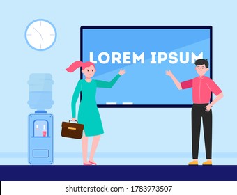 Managers presenting report. Speakers pointing hands at screen with text sample flat vector illustration. Presentation, business, conference concept for banner, website design or landing web page