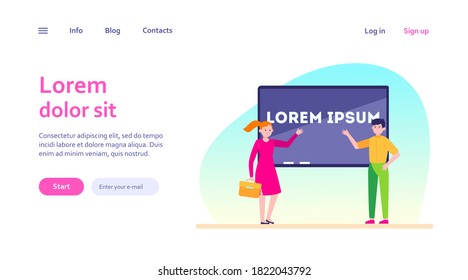 Managers presenting report. Speakers pointing hands at screen with text sample flat vector illustration. Presentation, business, conference concept for banner, website design or landing web page