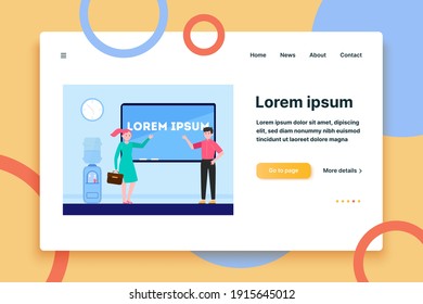 Managers presenting report. Speakers pointing hands at screen with text sample flat vector illustration. Presentation, business, conference concept for banner, website design or landing web page