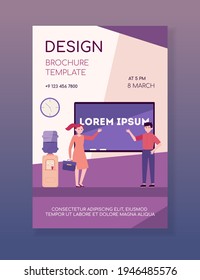 Managers presenting report. Speakers pointing hands at screen with text sample flat vector illustration. Presentation, business, conference concept for banner, website design or landing web page