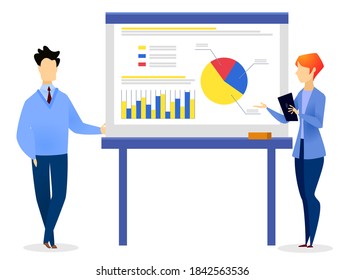 Administradores que presentan esquemas con diagramas y gráficos sobre proyectos empresariales. Trabajadores de oficina con nombramiento, presentación del plan. Mujeres y hombres se paran cerca del tablero de datos. Ilustración vectorial en estilo plano