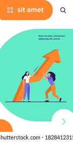 Managers resisting crisis. Woman pointing up, her colleague holding growth arrow flat vector illustration. Business, problem solving, couching concept for banner, website design or landing web page