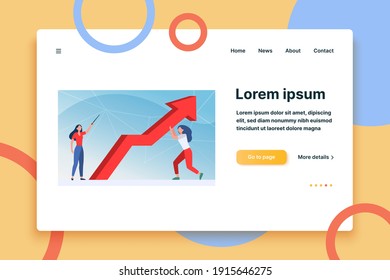 Managers resisting crisis. Woman pointing up, her colleague holding growth arrow flat vector illustration. Business, problem solving, couching concept for banner, website design or landing web page