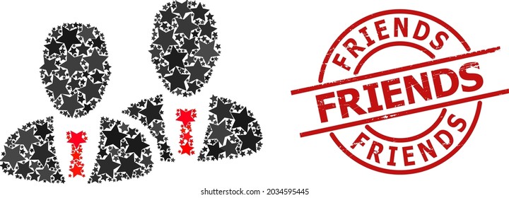 Managers star mosaic and grunge Friends badge. Red watermark with grunge texture and Friends tag inside circle. Abstract managers mosaic is organized with scattered flat star elements.