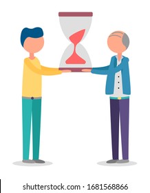 Managers with stopwatch, sandglass in executive workers hands. Hourglass already halfway gone, time management concept. People holding sand clock with both hands isolated, project organization