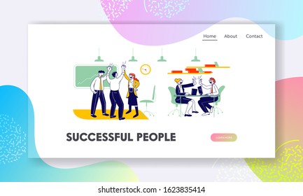 Managers Team Contract Signing Website Landing Page. Joyful Business People Teamwork Group Rejoice and Giving Highfive after Successful Deal Web Page Banner. Cartoon Flat Vector Illustration, Line Art