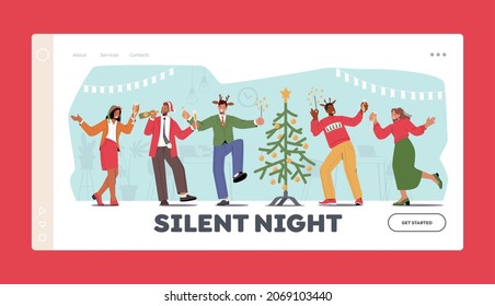 Managers Team Corporate Party Landing Page Template. Business People Celebrating New Year with Champagne and Fir-Tree. Happy Colleague in Santa Hats Celebrate Christmas. Cartoon Vector Illustration