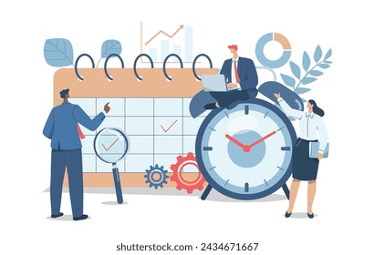 Managers team organize project calendar. Effective organization of time at work, Work planning, Time control, Reminder, Business team organizes professional planning calendar. Vector illustration.