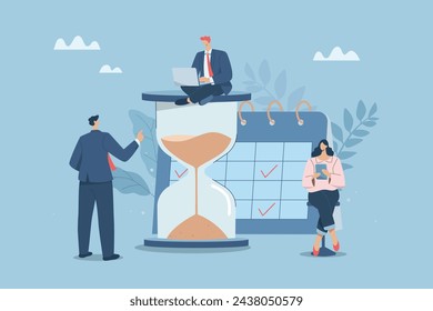 Managers team organize project calendar. Effective organization of time at work,  Work planning, Time control, Reminder, Business team organizes professional planning calendar. Vector illustration.