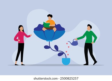 Los gerentes usan regaderas para ayudar a los empleados a crecer. Asistencia de un gerente o colega. Cooperación de las personas en la organización. Crecimiento en el avance profesional Ilustración vectorial plana 2d