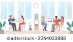 Managers work in office. Corporate working process, brainstorm and discuss. Open air area, coworking zone. Creative business people with laptops, vector scene