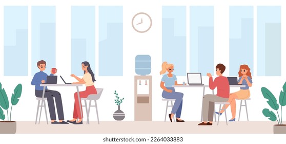 Managers work in office. Corporate working process, brainstorm and discuss. Open air area, coworking zone. Creative business people with laptops, vector scene