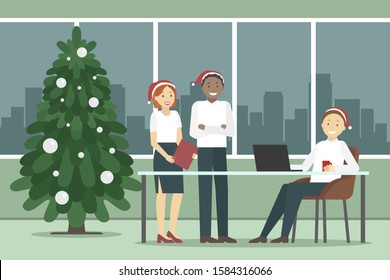 Managers working in Christmas decorated office. Vector illustration.