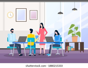 Managers are working in the office. Colleagues at meeting communicate about doing business. The staff at the conference discusses the development plan of the enterprise. People work and drink coffee