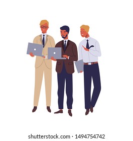 Managers working on laptop and talking flat vector illustration. Cheerful office workers in business suits discussing project cartoon characters on white background. Colleagues solving project issues.