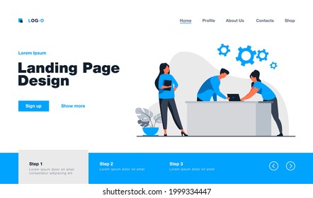 Managers working on project together. Employees gathering at workplace in office flat vector illustration. Teamwork, corporate communication concept for banner, website design or landing web page