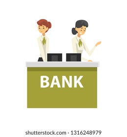 Managers Working at Reception Desk at Bank Office, Female Bank Workers Providing Services to Customers Vector Illustration