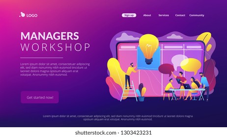 Managers at workshop training manager skills and brainstorming at board. Managers workshop, supervisors course, management skills training concept. Website vibrant violet landing web page template.