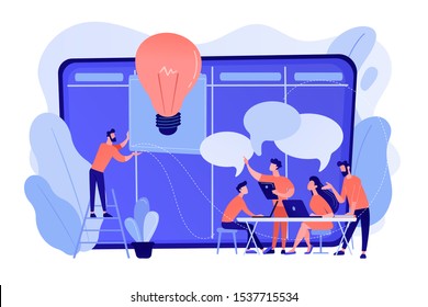 Managers at workshop training manager skills and brainstorming at board. Managers workshop, supervisors course, management skills training concept. Pinkish coral bluevector isolated illustration