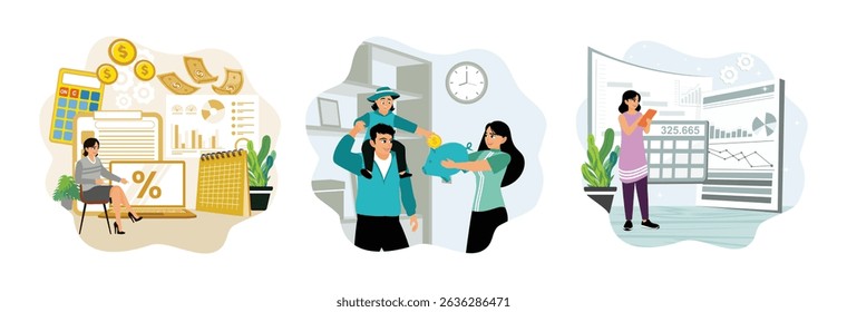 Manages bookkeeping and financial management. Family saves together with a piggy bank at home. Calculates financial statements using a calculator.