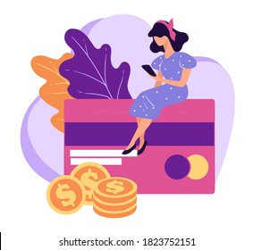 Managing banking accounts and credit cards with smartphone. Woman using smartphone to check status or balance. Investing or saving money, dollar golden coins, vector in flat style illustration