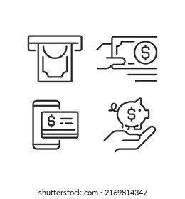 Managing business finances pixel perfect linear icons set. Money withdrawal. Payment in cash. Contactless pay. Customizable thin line symbols. Isolated vector outline illustrations. Editable stroke