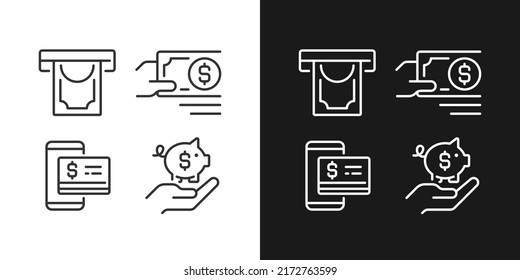 Managing business finances pixel perfect linear icons set for dark, light mode. Money withdrawal. Payment in cash. Thin line symbols for night, day theme. Isolated illustrations. Editable stroke