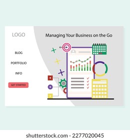 Managing business on go, landing page, control statistics on smartphone. Smartphone business control, real-time analytics and data visualization, cloud-based business solutions vector illustration
