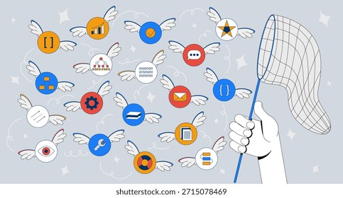 Manejo del caos Ilustración de medios mixtos 2D. Tareas de productividad. Muchos iconos con alas volando alrededor. Mano con arte conceptual del collage de la historieta de la red que atrapa. concepto plano del Vector en el fondo del color