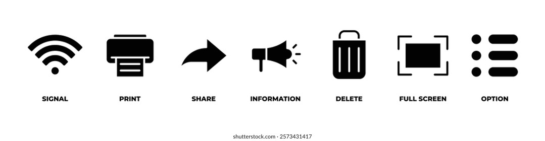 Managing Connections  icons set vector illustration with  signal, print, share, information, delete, full screen, option