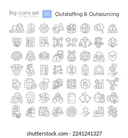 Managing contract workers linear icons set. Recruiting remote employees. Outsourcing. Customizable thin line symbols. Isolated vector outline illustrations. Editable stroke. Quicksand-Light font used