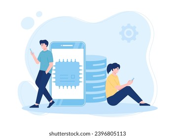 managing databases with mobile trending concept flat illustration