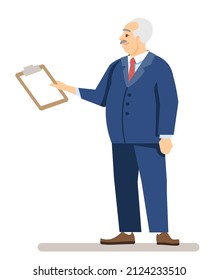 Managing director semi flat RGB color vector illustration. Middle aged business manager with tablet isolated cartoon character on white background