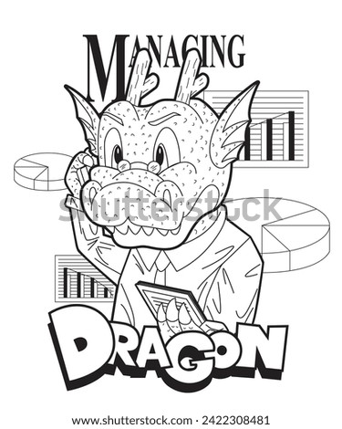 Managing Dragon Manga Cartoon Vector Illustration Black and White