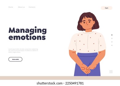 Managing emotions concept of landing page with shy little girl looking thoughtful and upset. Cute small kid nervous embarrassed and scared. Cartoon flat vector illustration