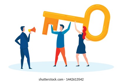 Managing Employees Work Flat Vector Illustration. Man, Woman, Carrying Key Cartoon Characters. Supervision, Teamwork, Success Metaphor. Boss, Chief with Loudspeaker Instructing, Controlling Workers