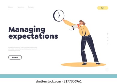 Managing expectations concept of landing page with angry female boss with megaphone scream pointing at time on clock. Missing deadline and bad time management. Cartoon flat vector illustration
