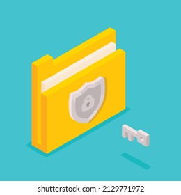 Managing file security in folders by using key isometric 3D vector illustration